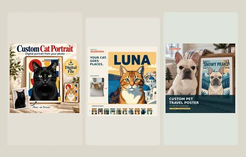 Three examples of modern & travel portraits pet artwork