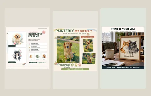 Three examples of painterly pet portraits pet artwork