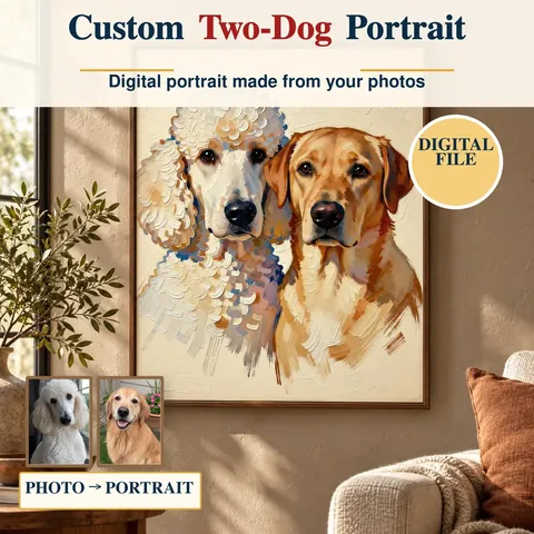 Two dogs together in a framed painterly portrait