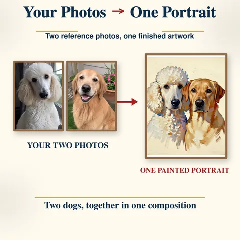 Two separate dog photos beside the combined portrait
