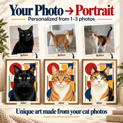 Cat reference photos beside their geometric portraits