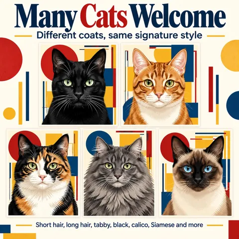 Different cats reimagined in a colorful modernist style