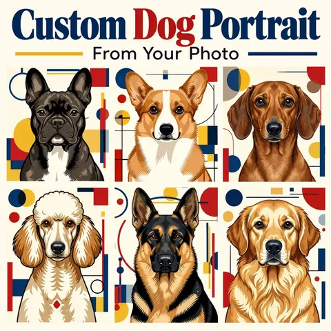 Six dog portraits with bold geometric backgrounds