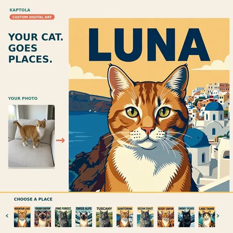 Orange cat in a personalized vintage travel poster