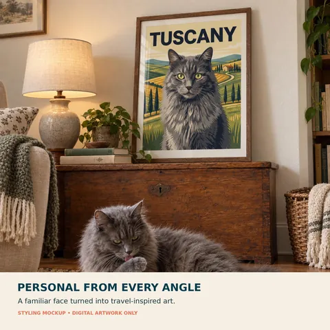 Cat travel poster displayed above a sofa