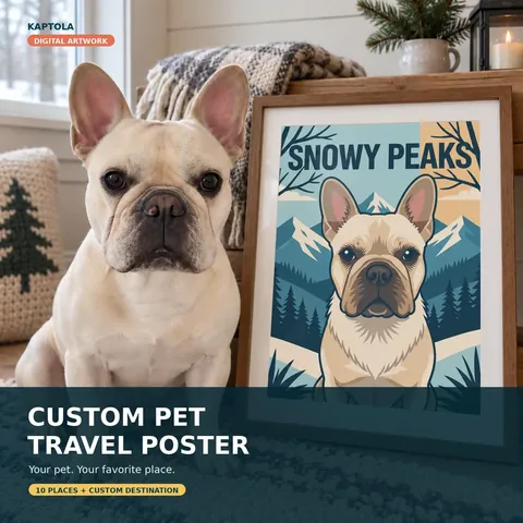 Dog beside a framed mountain travel poster featuring a dog