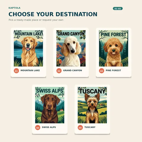 Dog travel poster examples for five destinations