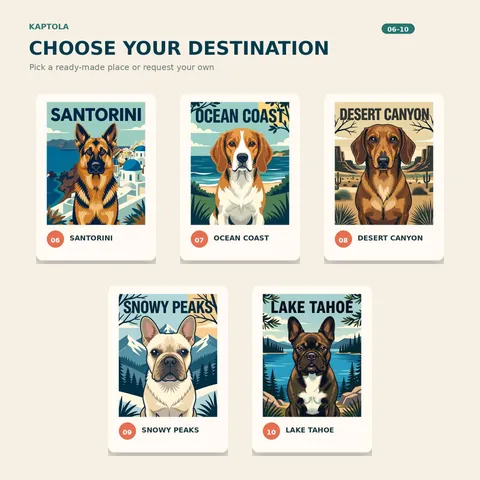 Cat travel poster examples for five destinations