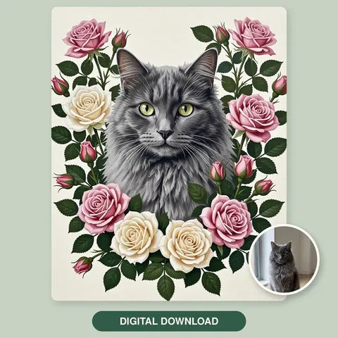 Gray cat portrait surrounded by pink and cream flowers