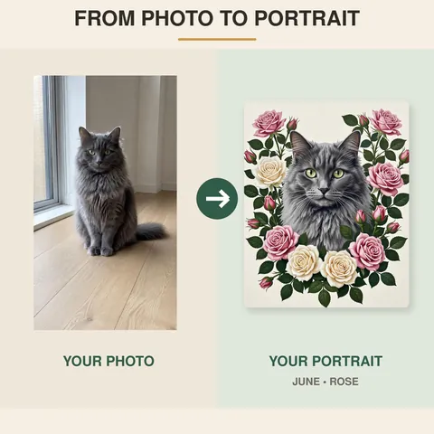 Gray cat photo beside the finished botanical portrait
