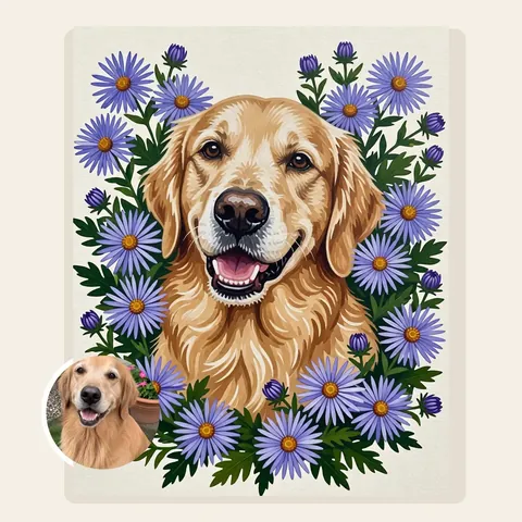 Golden dog portrait surrounded by colorful flowers