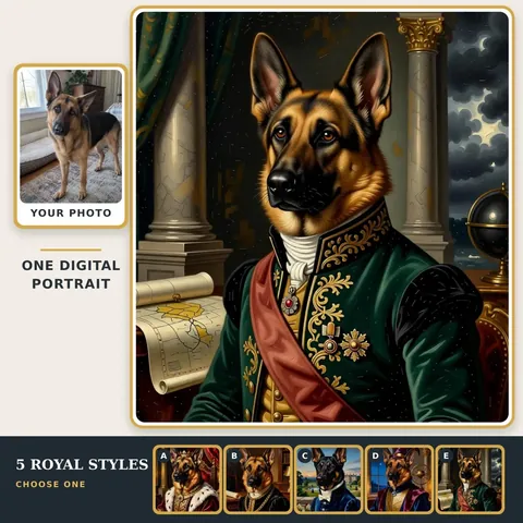 German Shepherd in royal clothing beside its reference photo