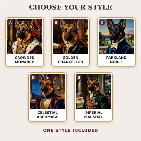 Five royal outfit styles for a German Shepherd portrait