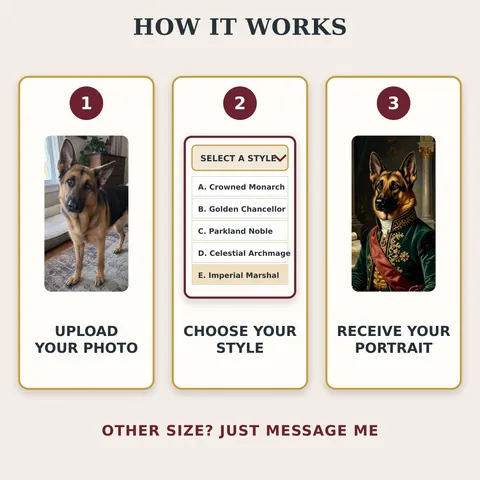 Royal dog portrait guide showing photo, style and final artwork