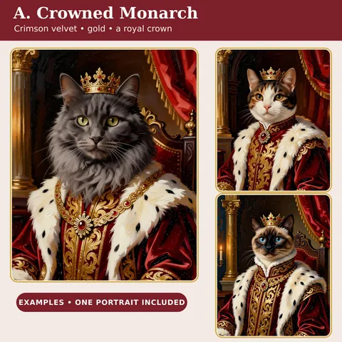 Examples of cats in crowned monarch outfits