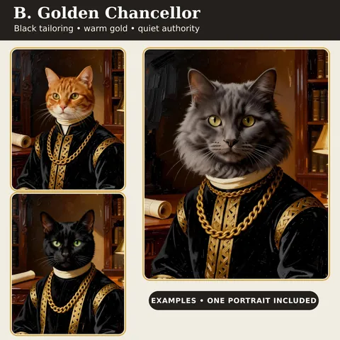 Examples of cats in dark and gold chancellor outfits