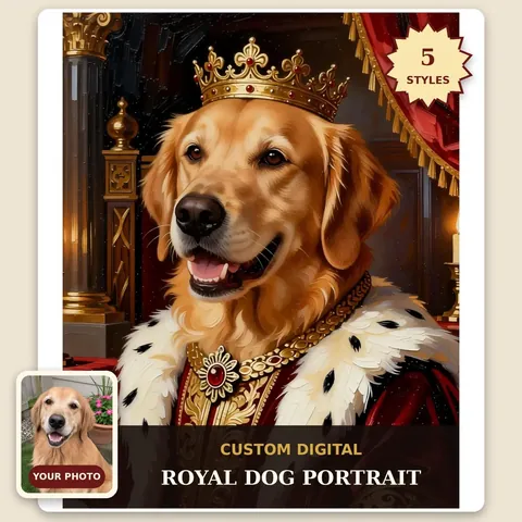 Golden Retriever wearing a crown and royal robes