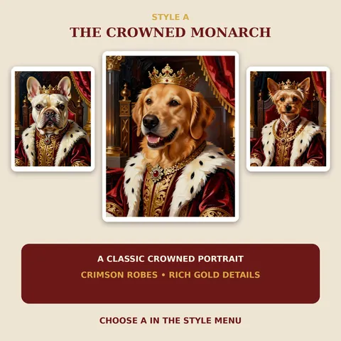 Golden Retriever portraits in crowned monarch outfits