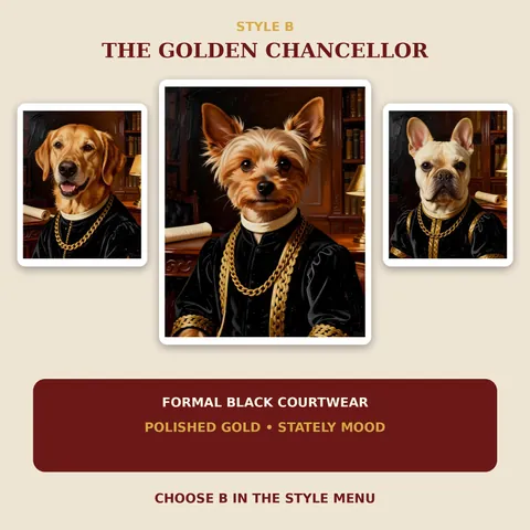 Golden Retriever portraits in dark and gold chancellor outfits