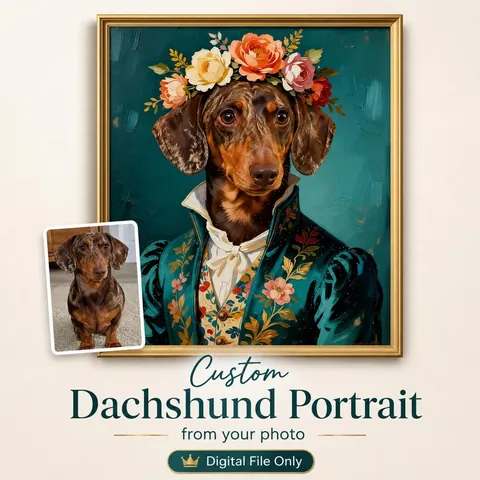 Dachshund wearing a floral crown and ornate teal clothing