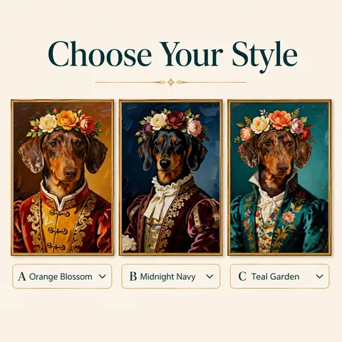 Three regal outfit choices for a Dachshund portrait