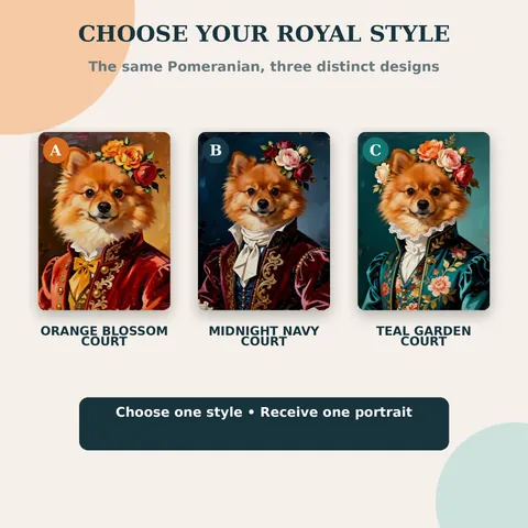 Three royal outfit choices for a Pomeranian portrait