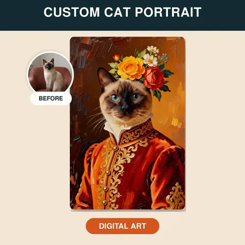Cat wearing a flower crown and ornate red outfit