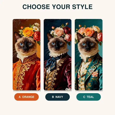 Cat portrait examples with orange, navy and teal outfits