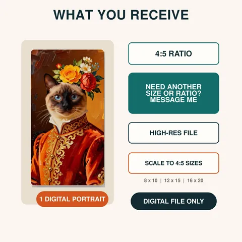 Floral royal cat portrait with digital file information
