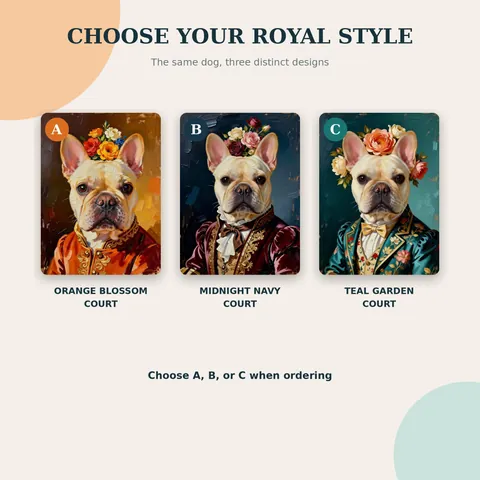 Three floral royal outfit choices for dog portraits