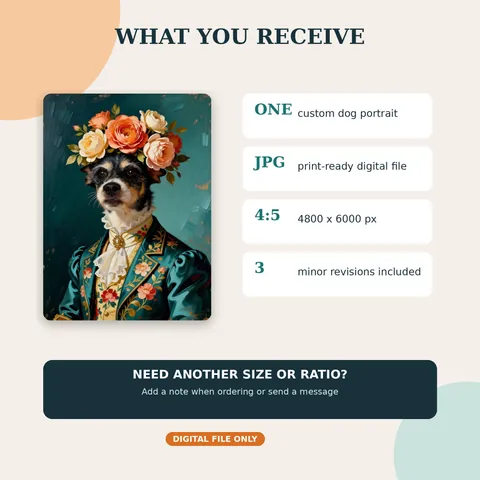 Floral royal dog portrait with digital delivery information