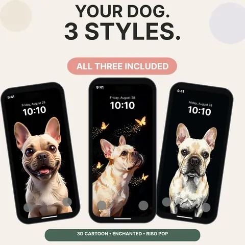 Three phone mockups showing different dog wallpaper styles