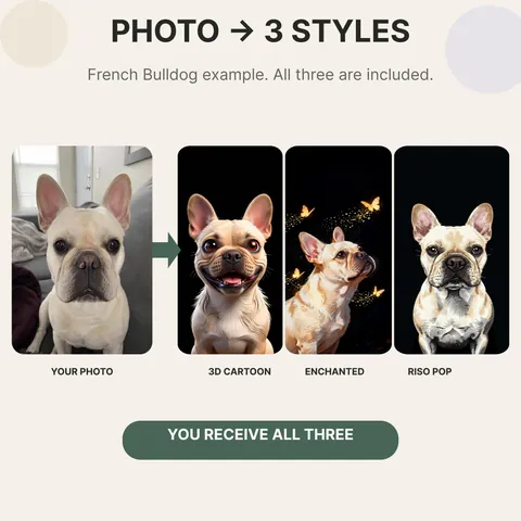 French Bulldog photo beside three wallpaper interpretations