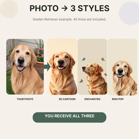 Golden Retriever photo beside three wallpaper interpretations