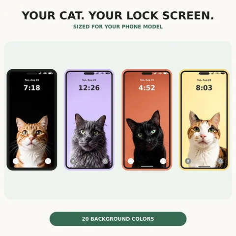 Four cats shown on different phone wallpaper backgrounds