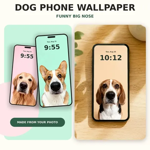 Funny dog close-up wallpapers on two phone mockups