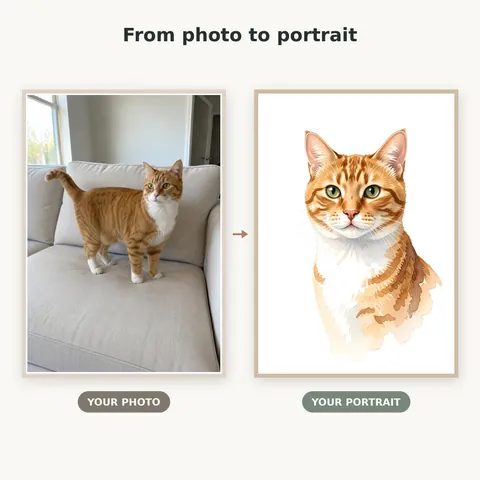 Orange cat photo beside its watercolor portrait