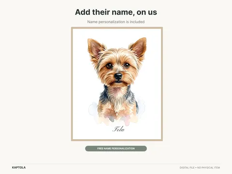 Yorkshire Terrier portrait with a personalized name beneath it