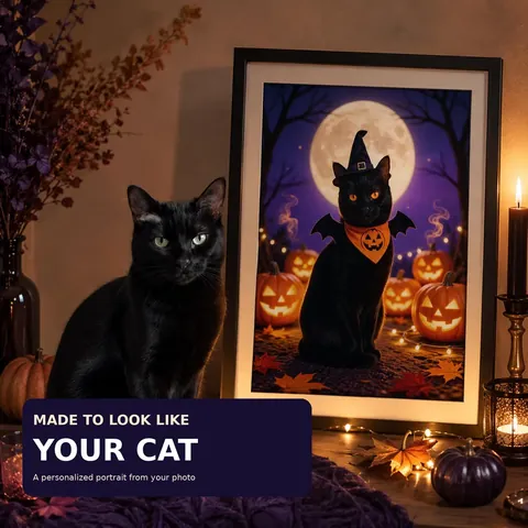 Framed Halloween cat portrait with pumpkins and candlelight