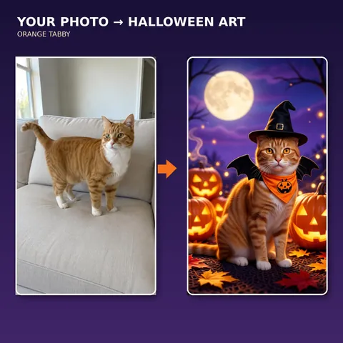 Orange cat photo beside a witch-hat Halloween portrait