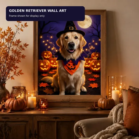 Golden Retriever Halloween portrait displayed in an autumn room