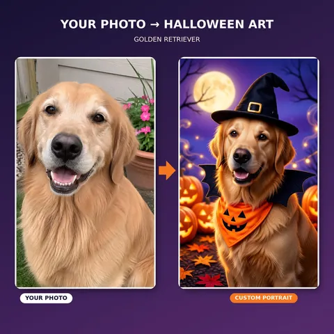 Golden Retriever photo beside a witch-hat portrait with pumpkins
