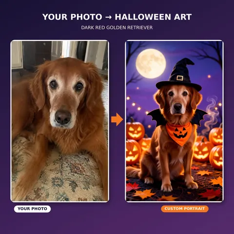 Second Golden Retriever photo beside its Halloween portrait