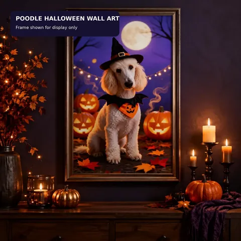 Poodle Halloween portrait displayed with pumpkins and candles
