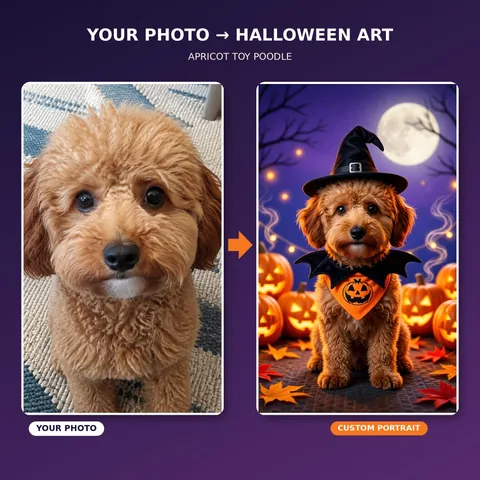 Apricot Poodle photo beside its Halloween portrait