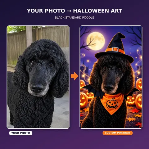 Black Poodle photo beside its Halloween portrait