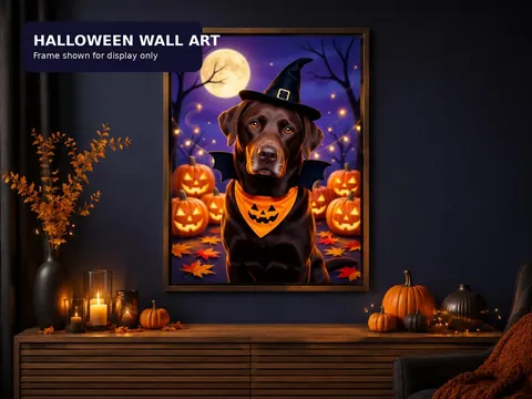 Labrador Halloween portrait displayed with pumpkins and candles