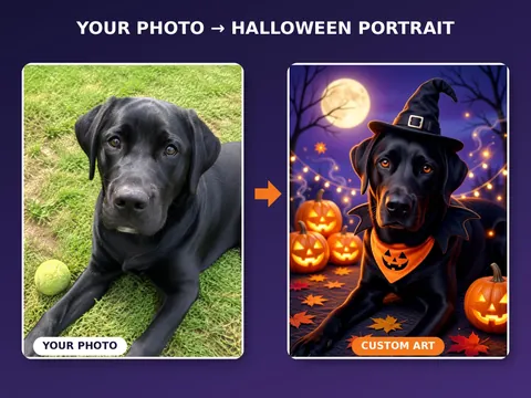 Black Labrador photo beside its Halloween portrait