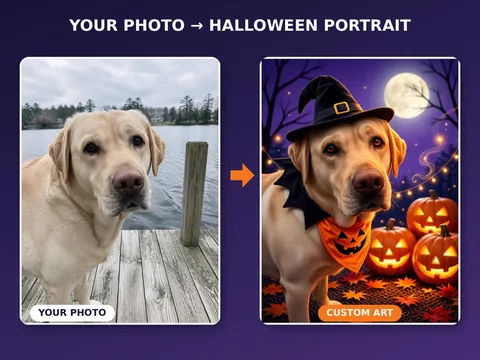 Yellow Labrador photo beside its Halloween portrait