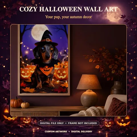 Dachshund Halloween portrait displayed in a candlelit room
